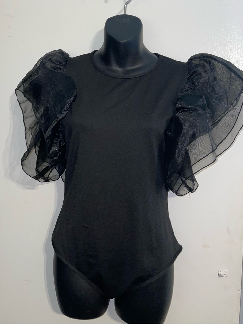 SHEIN Black Puff Organza Sleeve Bodysuit